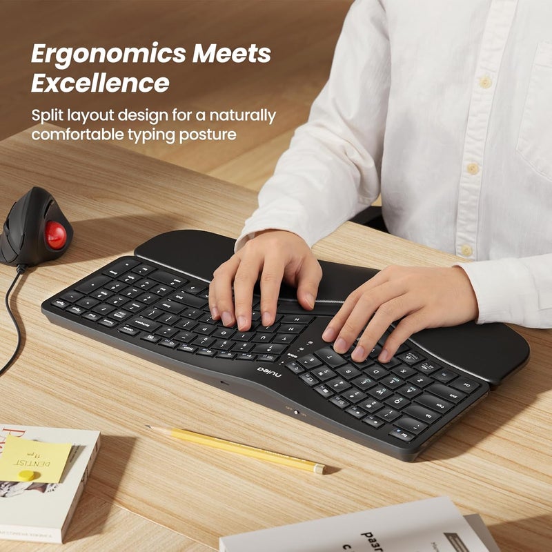 Nulea Wireless Ergonomic Keyboard, Split Keyboard with Cushioned Wrist Rest, Bluetooth and USB Connectivity, USB-C Rechargeable, Compatible with Windows Mac(Black) - Image 2